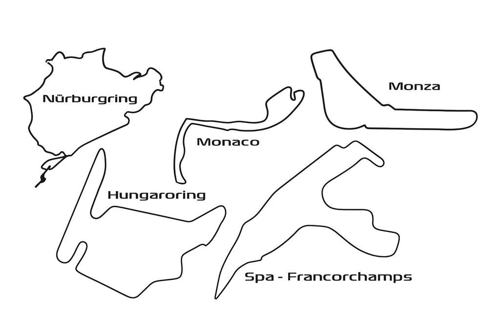 Formel-1-Wanddeko-Set – 5 Rennstrecken: Nürburgring, Monaco, Monza, Spa, Hungaroring und weitere